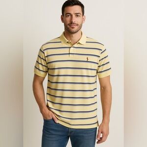 Polo Ralph Lauren Men Shirt XLarge Yellow Blue White Striped Golf Short Sleeve